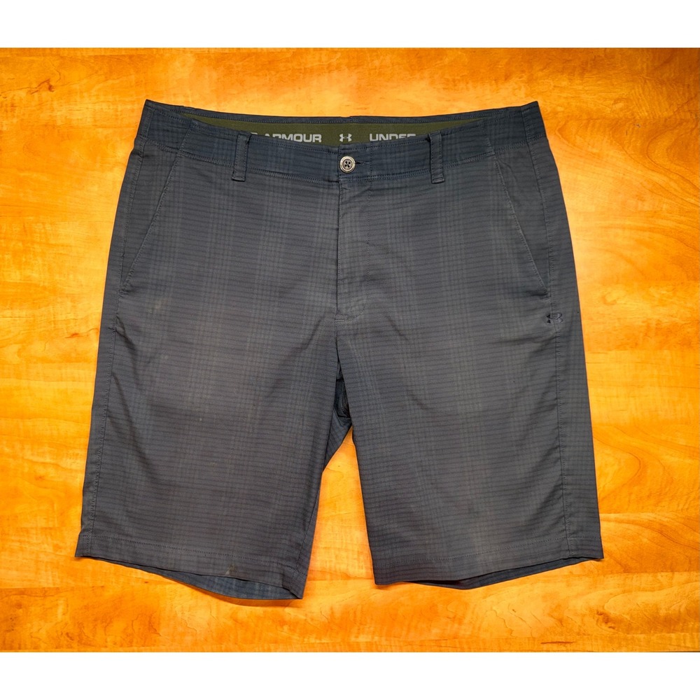 Under Armour Mens Golf Shorts Navy Blue Plaid Performance Flat Front‎ Size 36